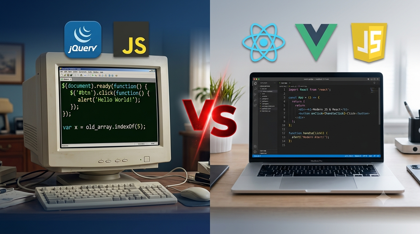 jQuery vs Modern JavaScript comparison split-screen design