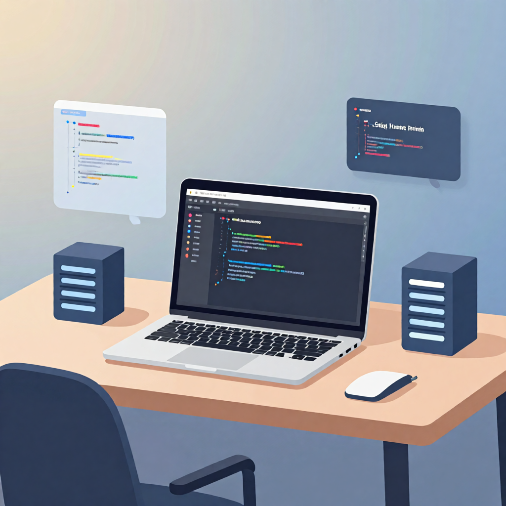 cPanel arayüzü gösteren bir laptop ve geliştirici masa öğeleri