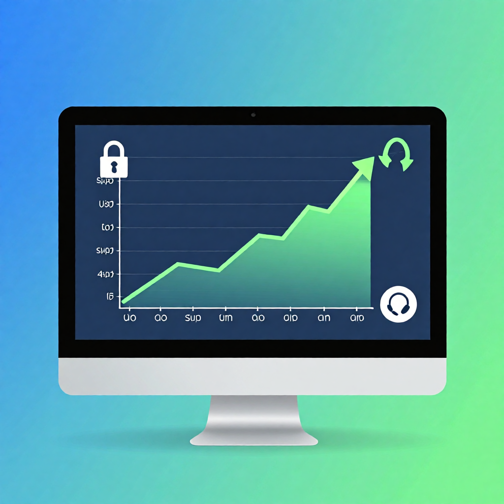 Hosting selection guide with icons for security, scalability, and support on a modern screen