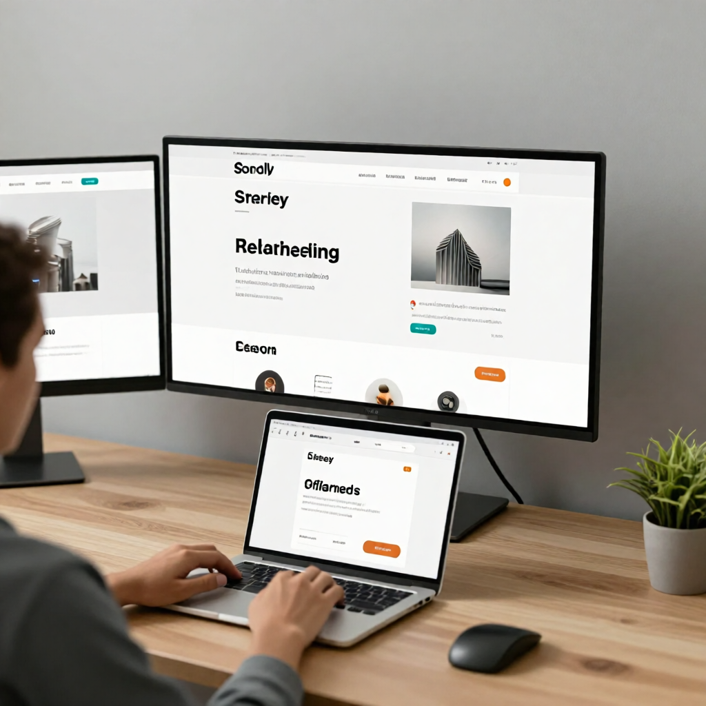 A professional web developer creating a responsive website on a laptop with multiple monitors