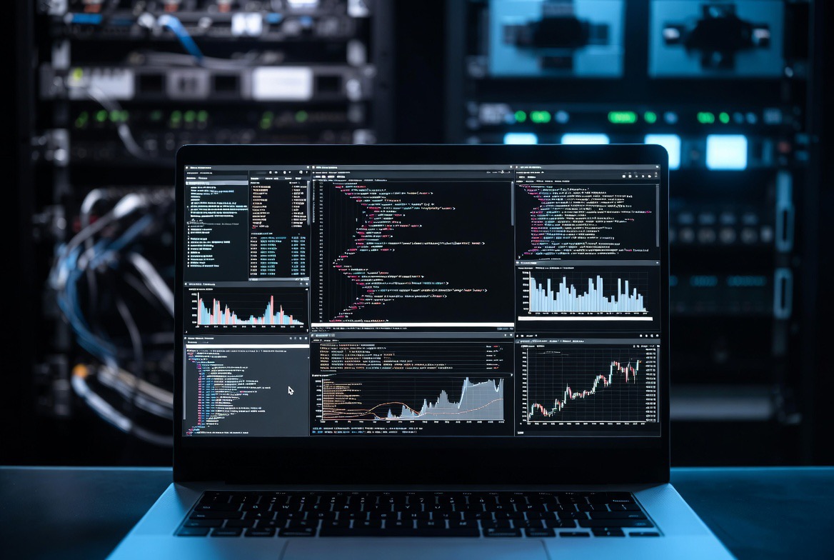 Modern bir yazılımcı masasında sunucu yönetim paneli ve kod satırları gösteren laptop.